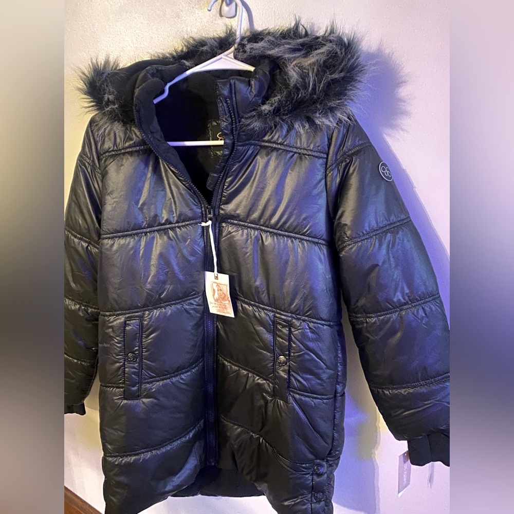 Brand New Girls Jessica Simpson Black Puffer Jacket with fur. Size Medium 10-12
